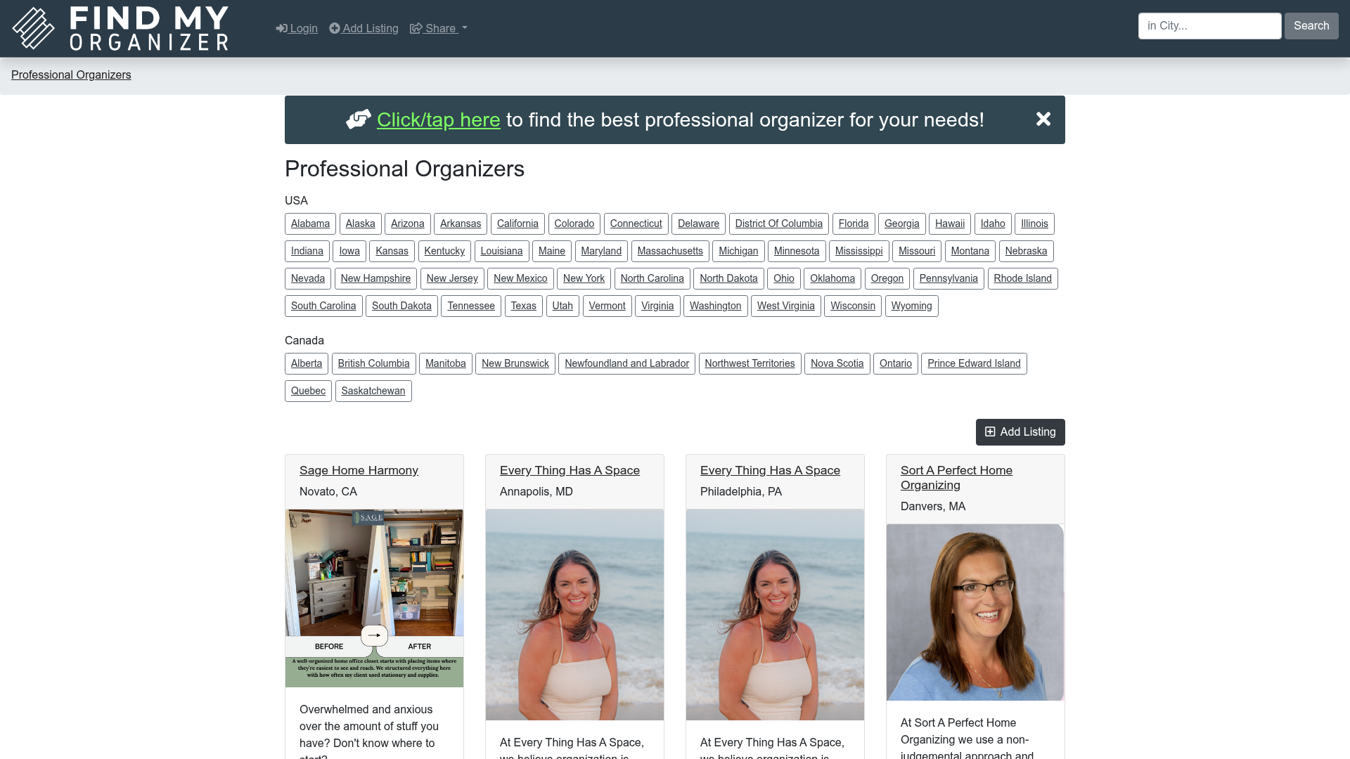 Find My Organizer professional organizer listings page