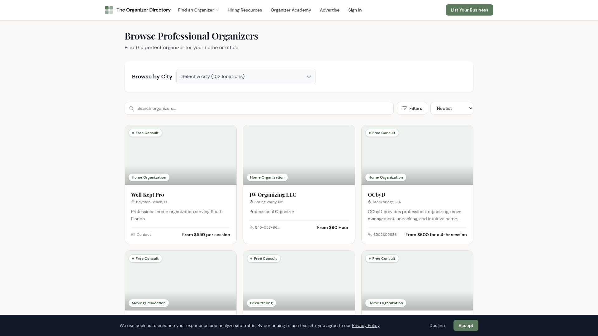 The Organizer Directory organizer listings page