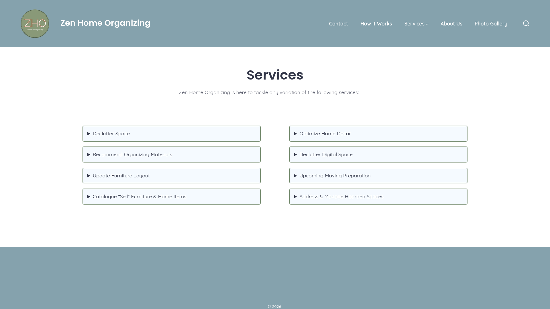 Zen Home Organizing services page showing its decluttering and moving-preparation options
