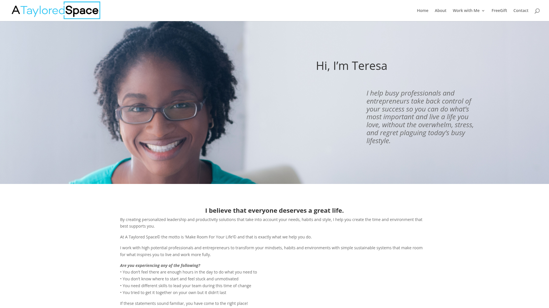 A Taylored Space website homepage introducing productivity mentor Teresa Taylor