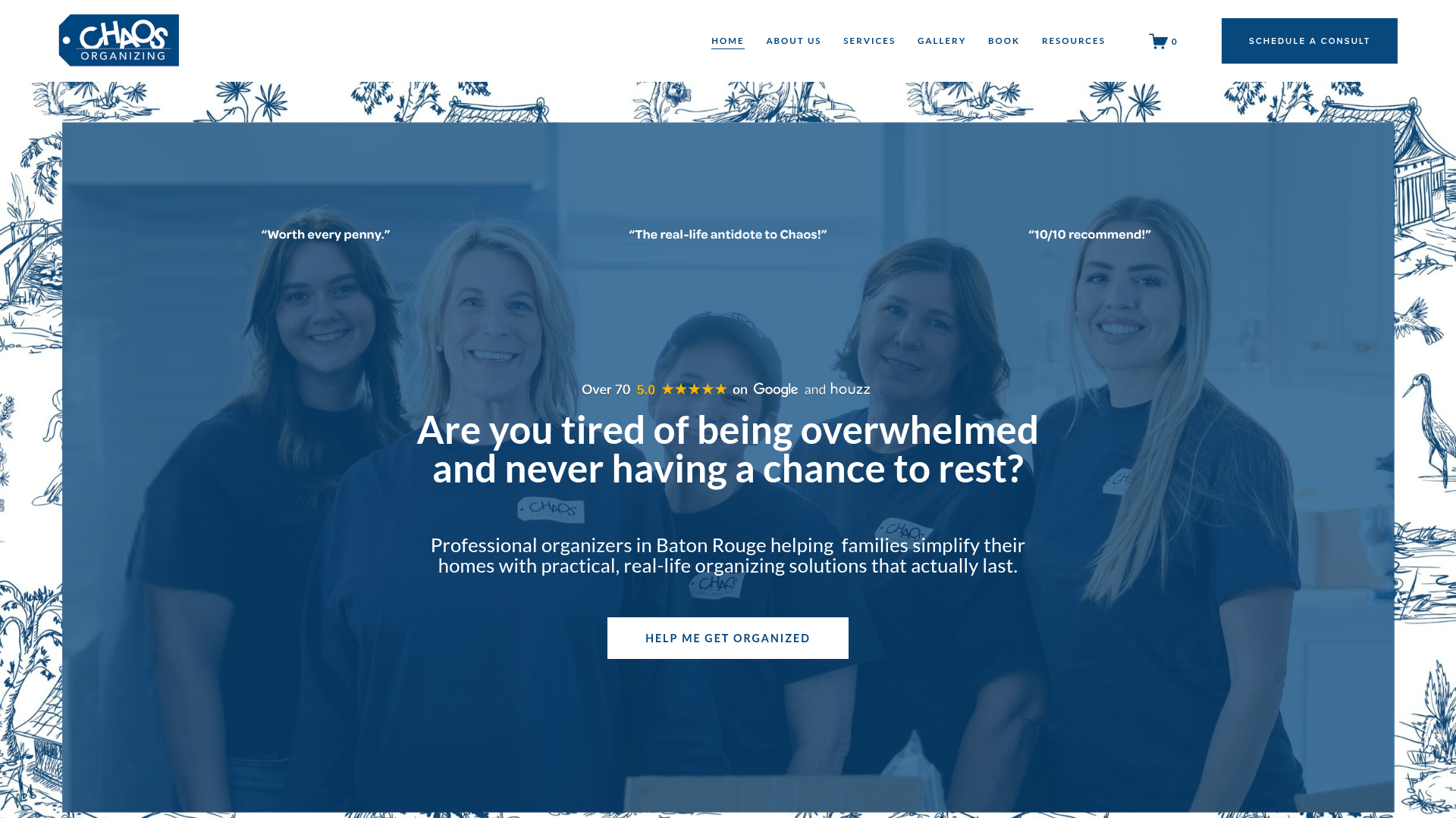 Chaos Organizing website homepage showing the Baton Rouge team and over 70 five-star reviews on Google and Houzz