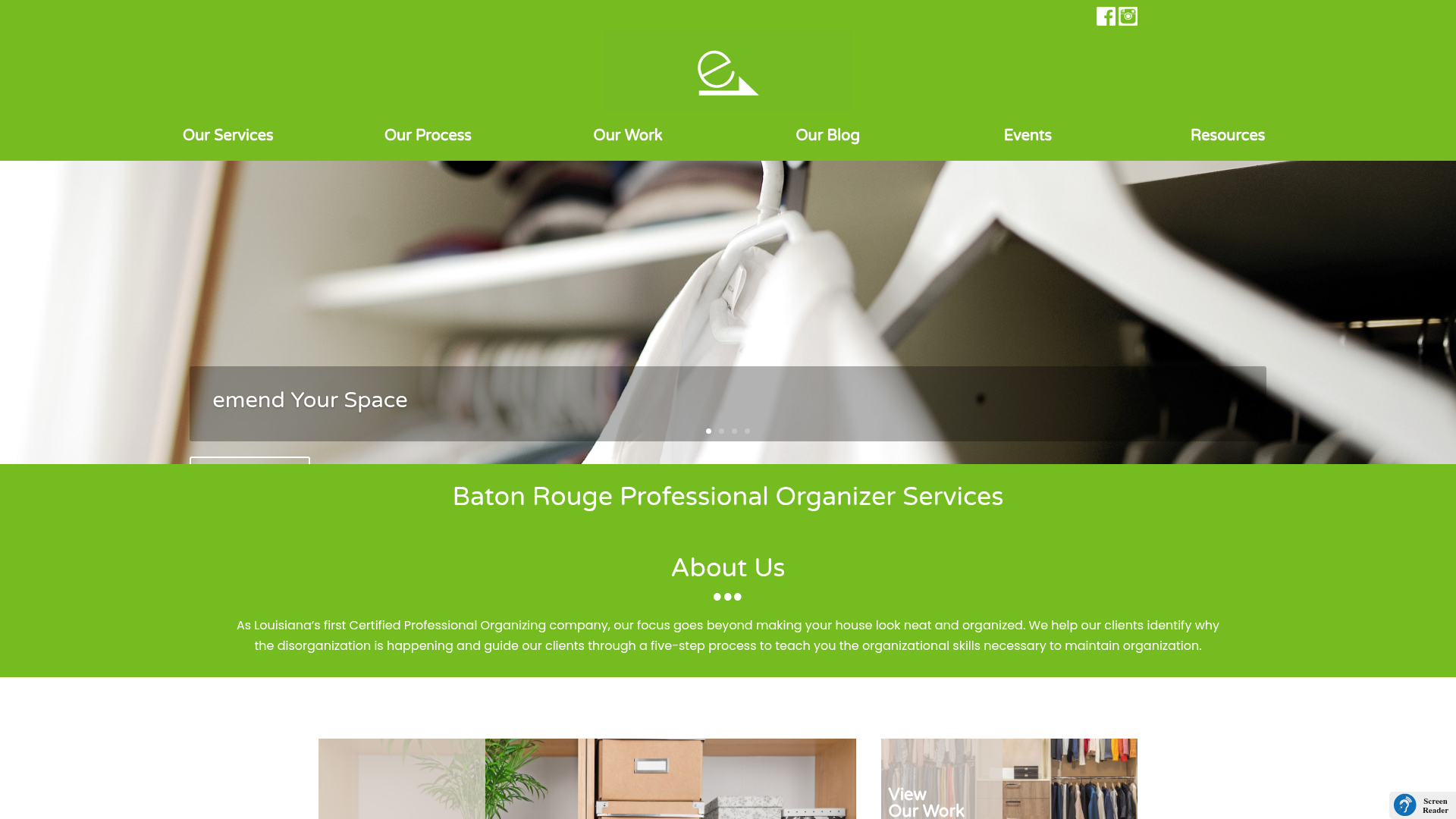 Emend website homepage showing Baton Rouge professional organizer services and an organized closet