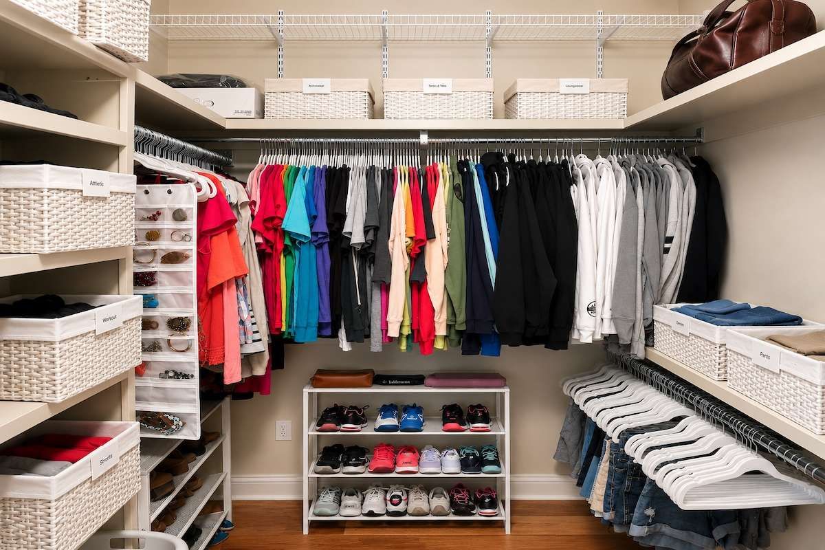 Finished closet organization project by Professional Organizers Baton Rouge with labeled baskets and coordinated hanging sections