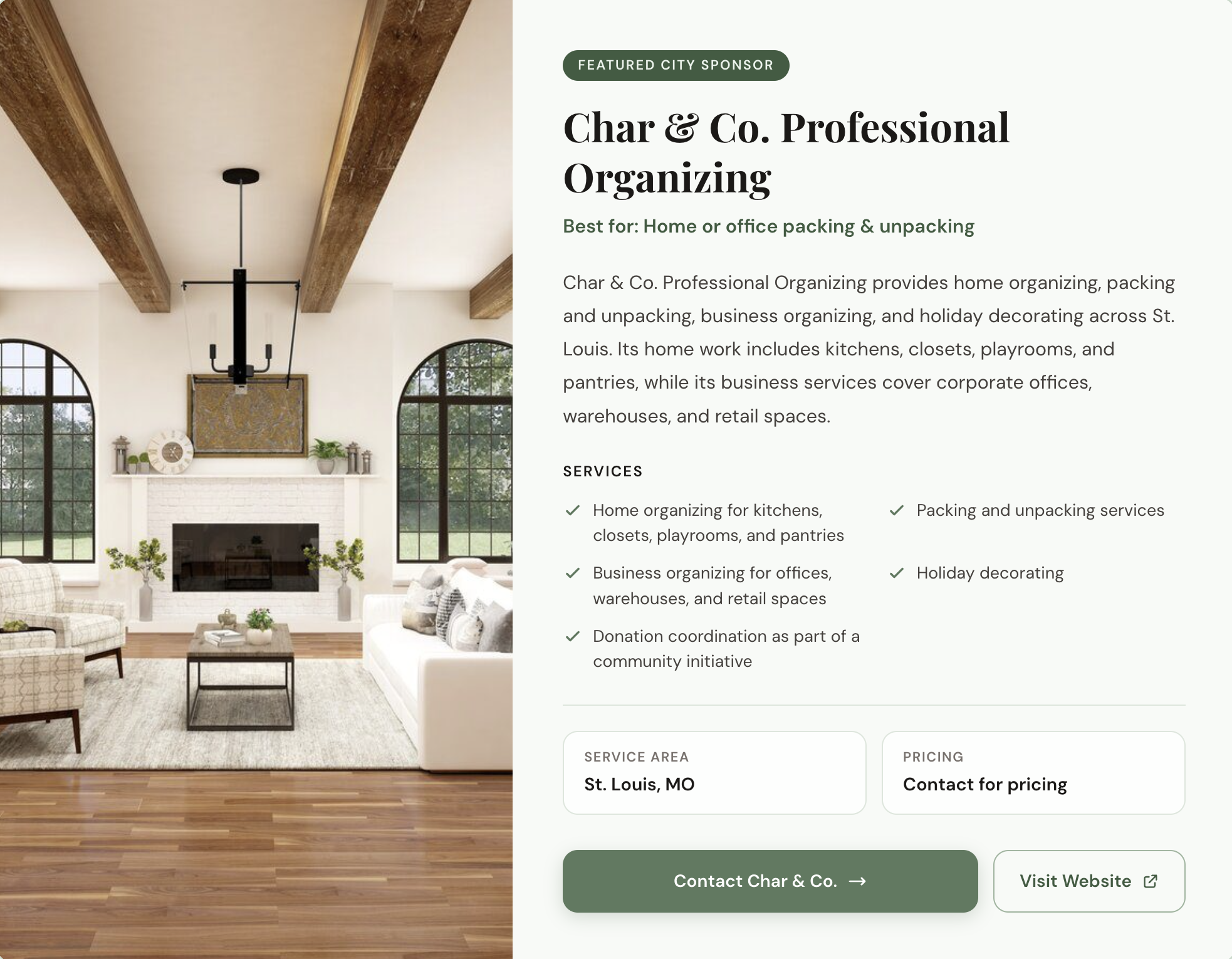 Char & Co. Professional Organizing shown as the #1 Featured City Sponsor on the St. Louis city page