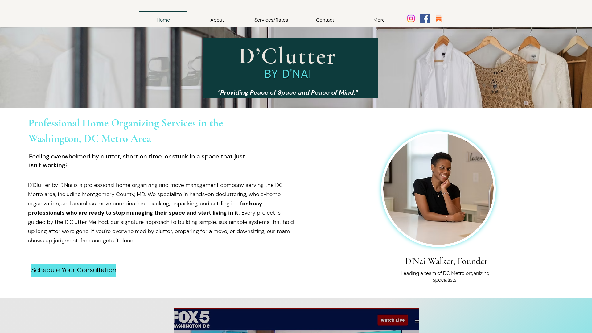 D'Clutter by D'Nai website homepage with founder D'Nai Walker and the tagline 'Providing Peace of Space and Peace of Mind'