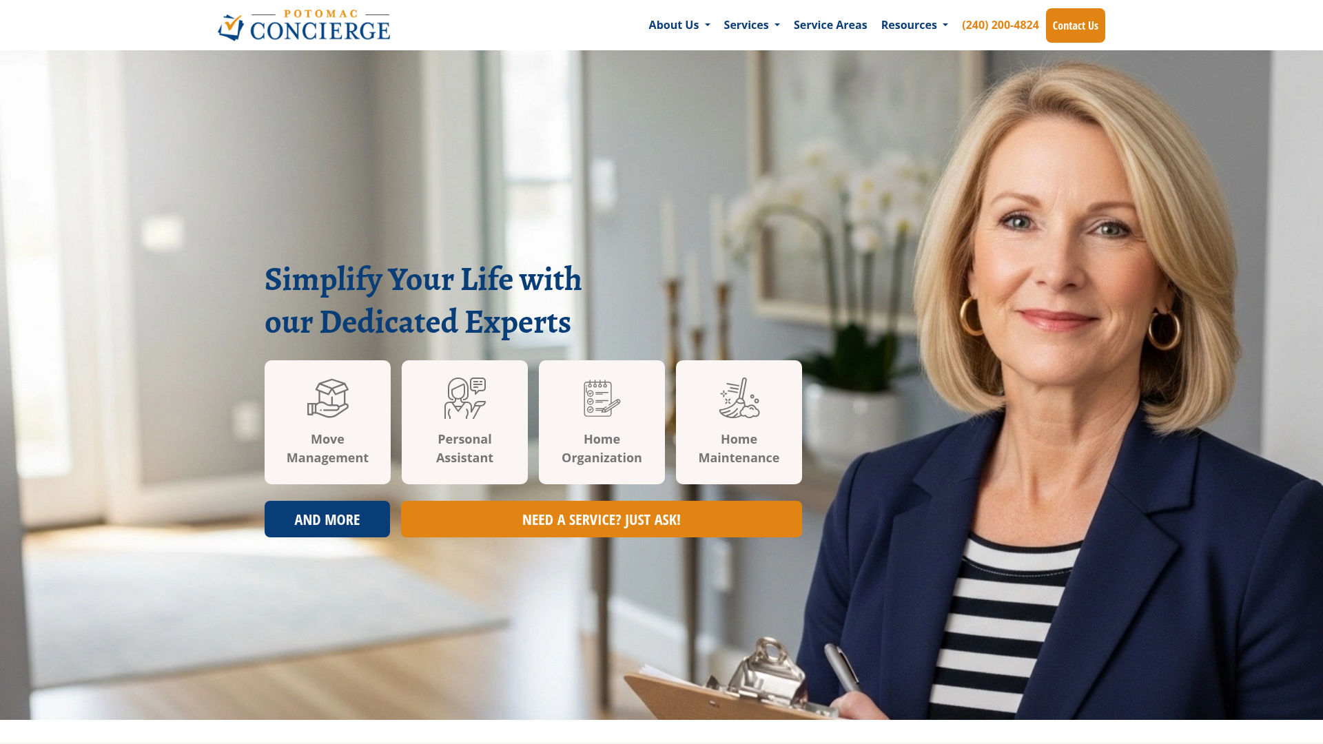 Potomac Concierge website homepage highlighting move management and home organization services