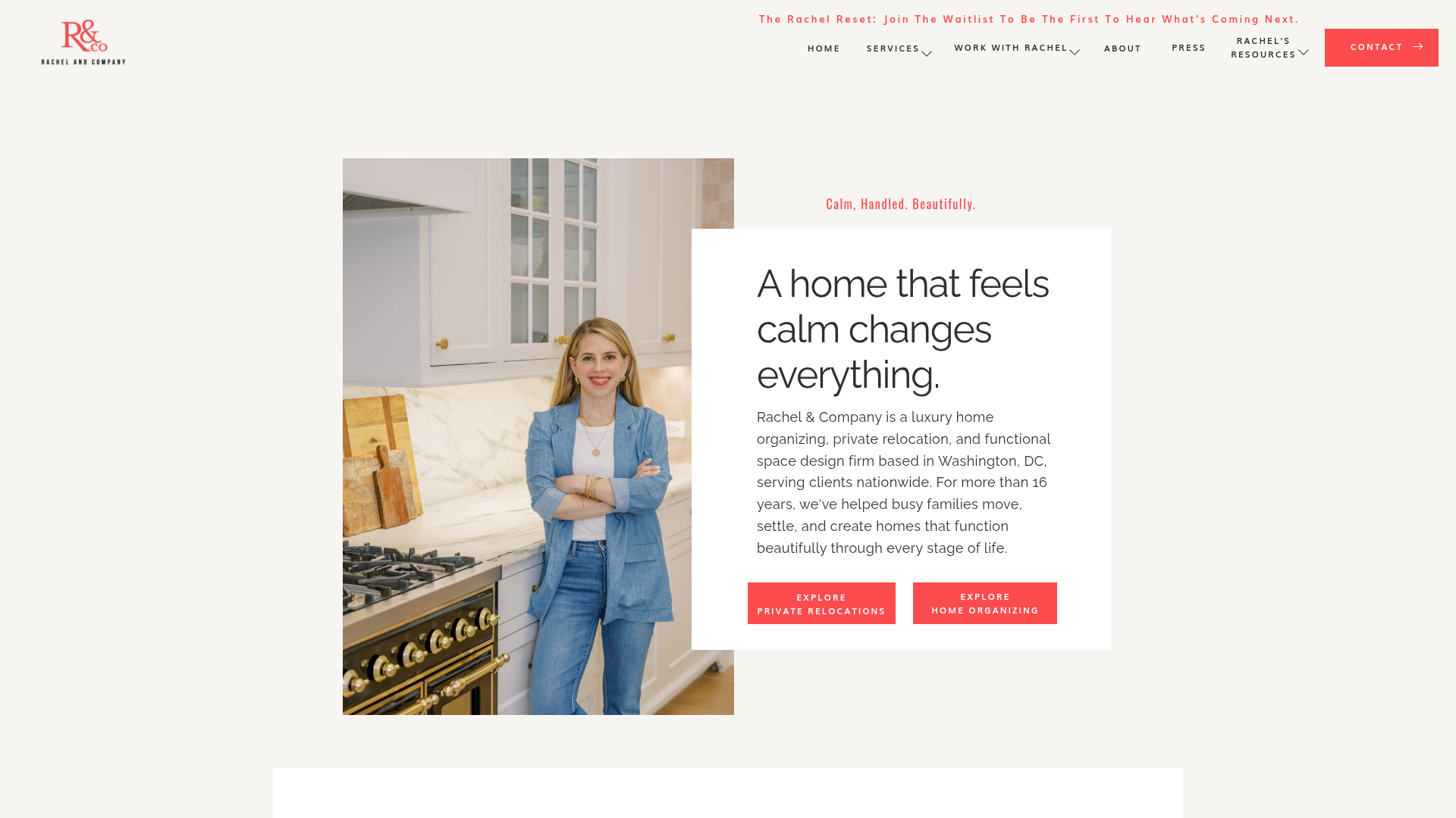 Rachel & Company website homepage featuring founder Rachel Rosenthal in an organized kitchen
