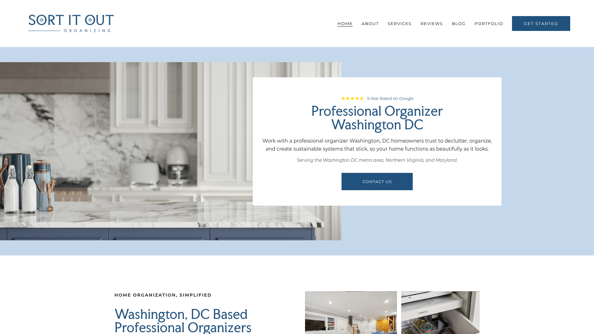 Sort It Out website homepage showing a luxury Washington, DC kitchen organized by the team