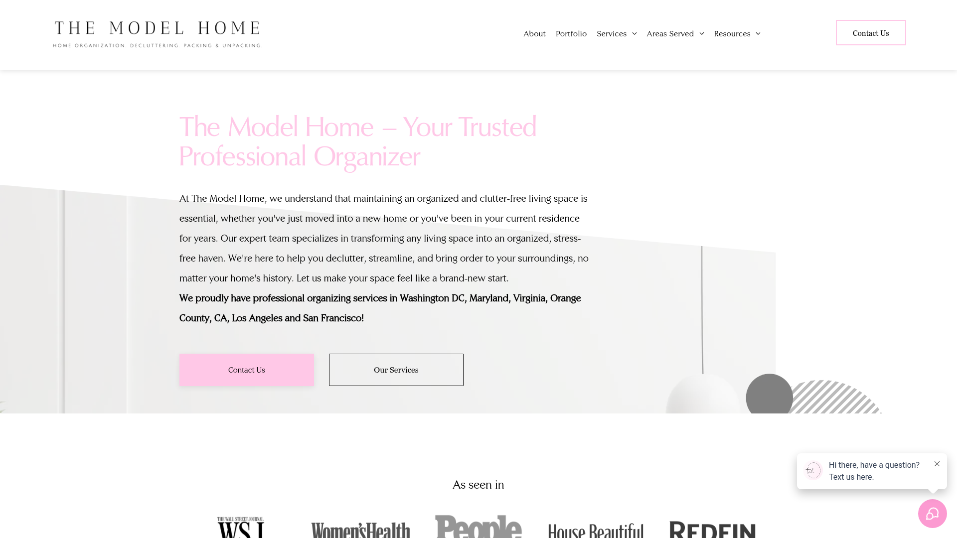 The Model Home website homepage describing home organization, decluttering, packing and unpacking services