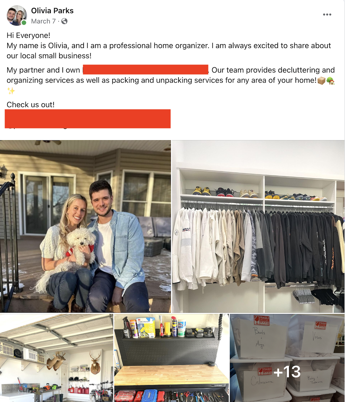 Real Facebook group post from a professional organizer that generated dozens of leads