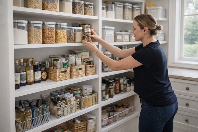 An organizer arranging containers in a pantry