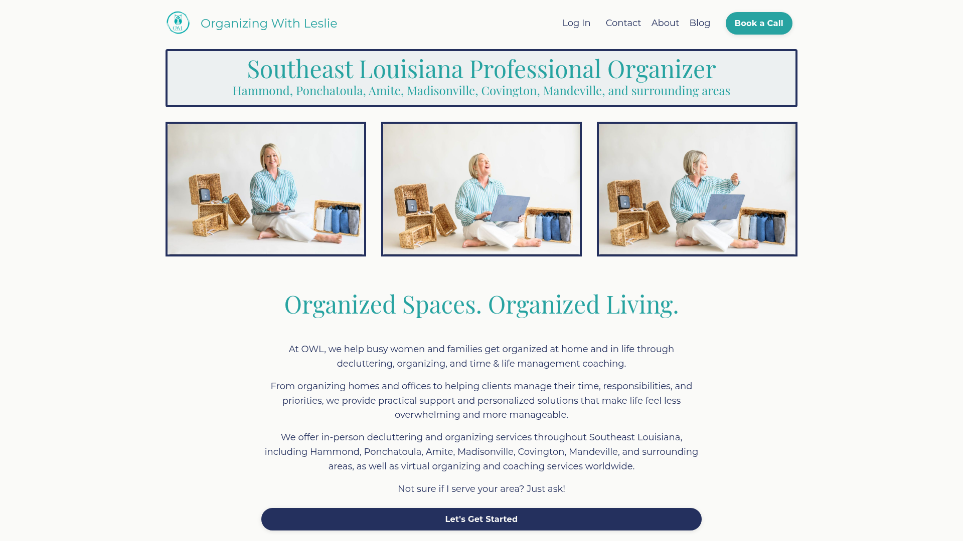 Organizing With Leslie website homepage showing its service area