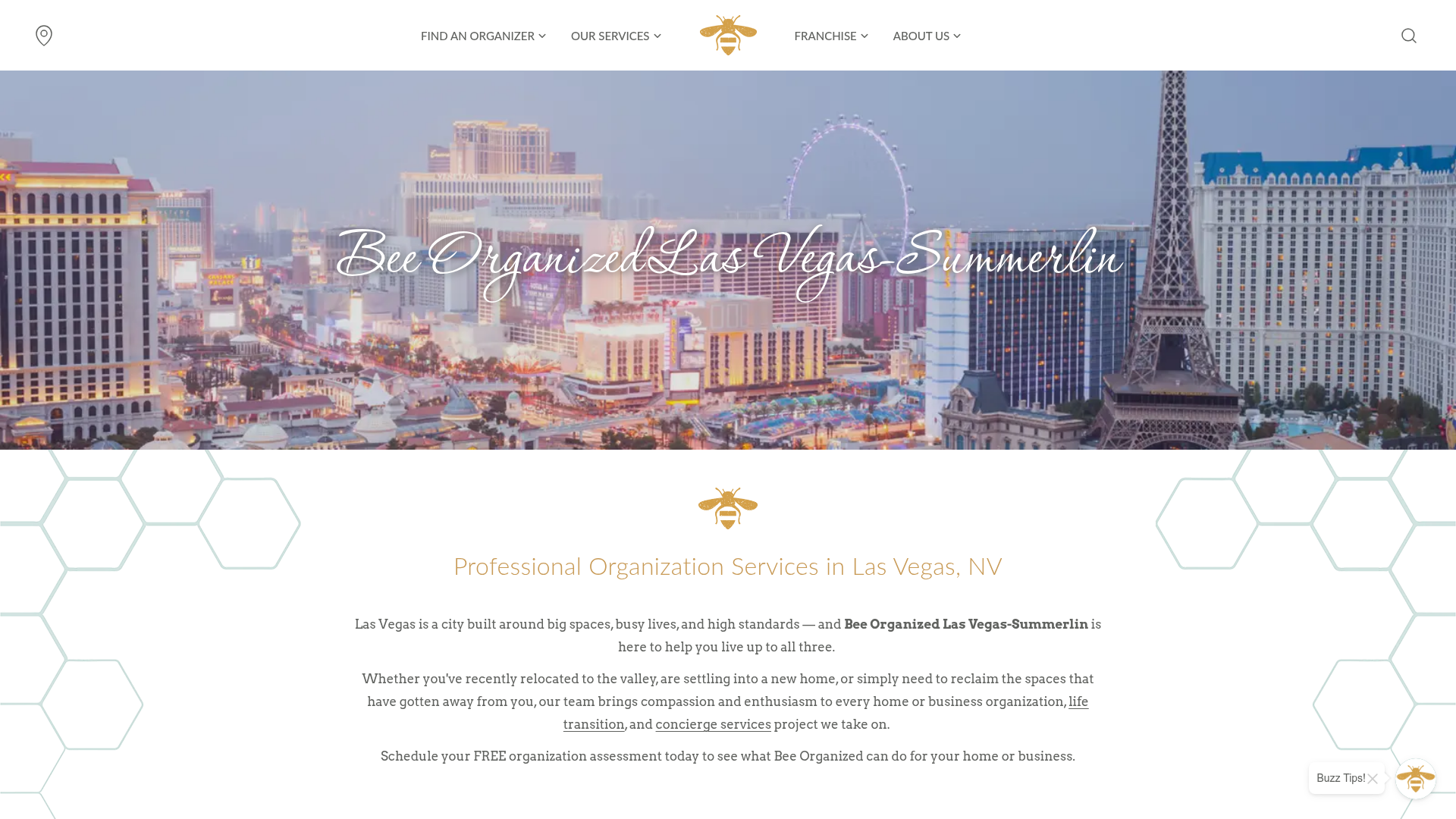 Bee Organized Las Vegas-Summerlin website page over a Las Vegas skyline banner