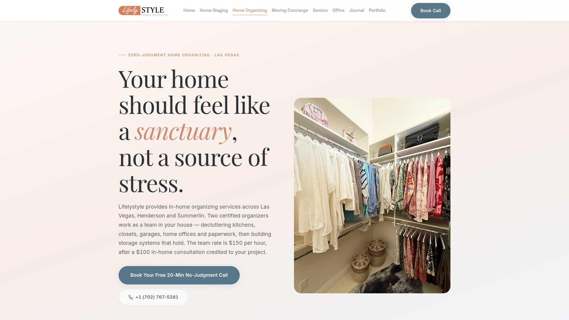 Lifelystyle home organizing page with the headline 'Your home should feel like a sanctuary, not a source of stress'
