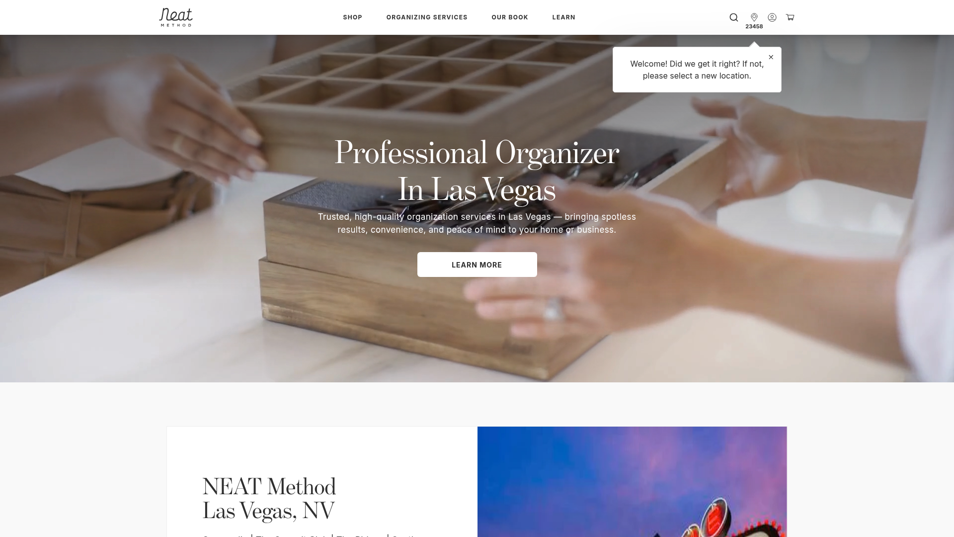 NEAT Method Las Vegas website page headed 'Professional Organizer in Las Vegas'