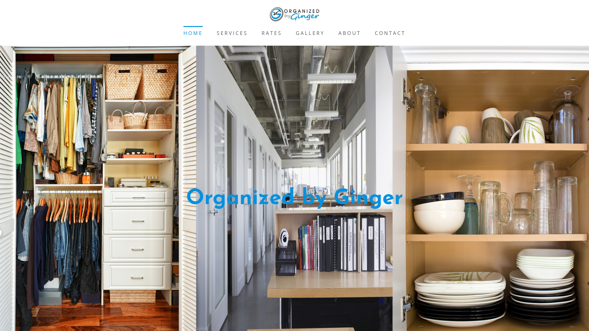 Organized by Ginger website homepage showing organized closets, an office, and kitchen cabinets