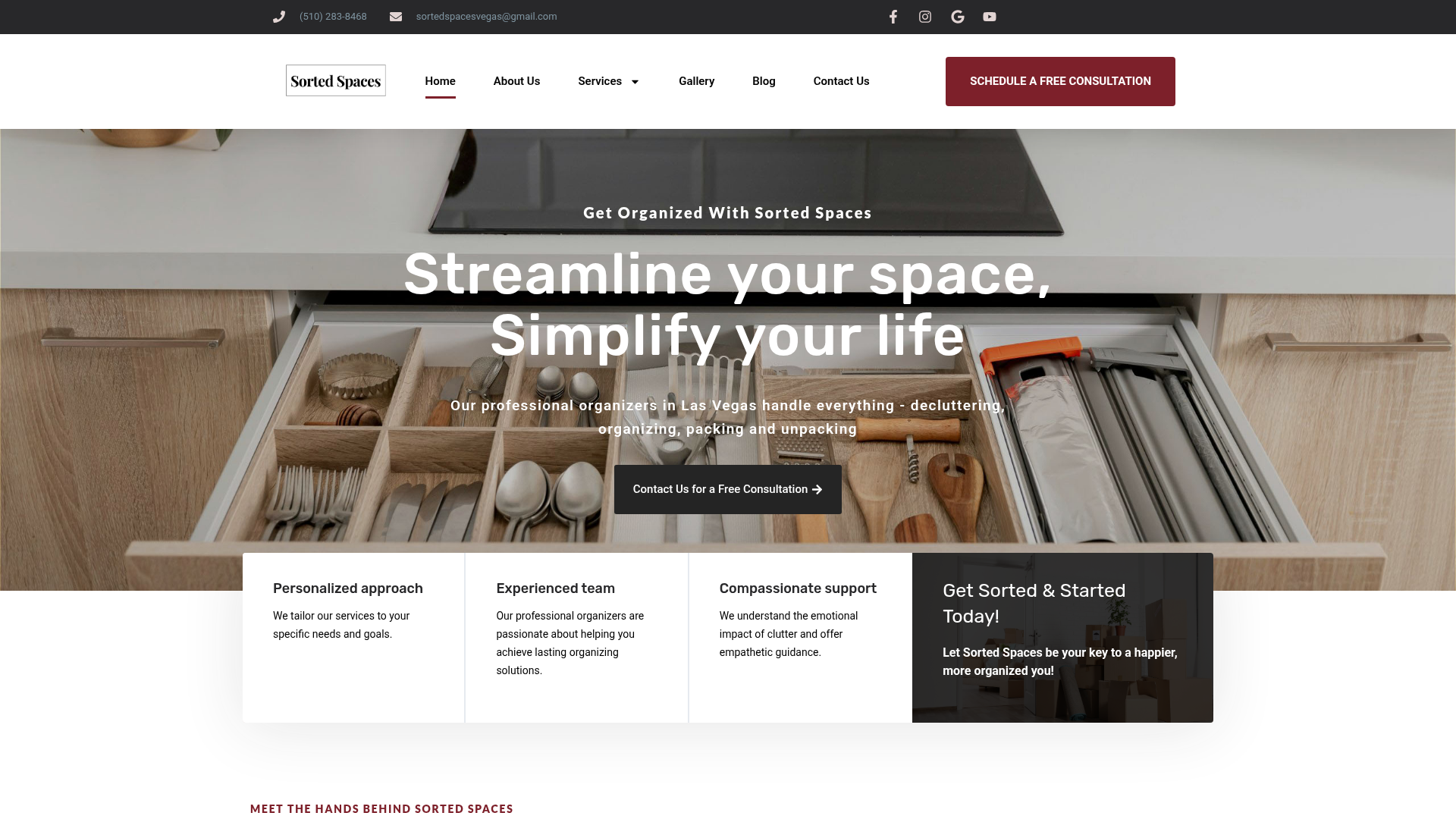 Sorted Spaces website homepage with a neatly organized kitchen drawer and the tagline 'Streamline your space, Simplify your life'