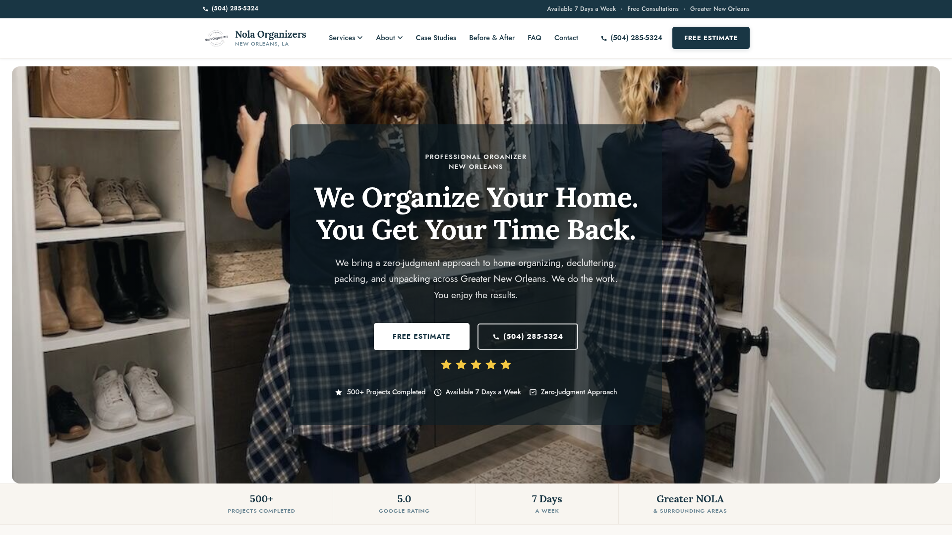 Nola Organizers website homepage