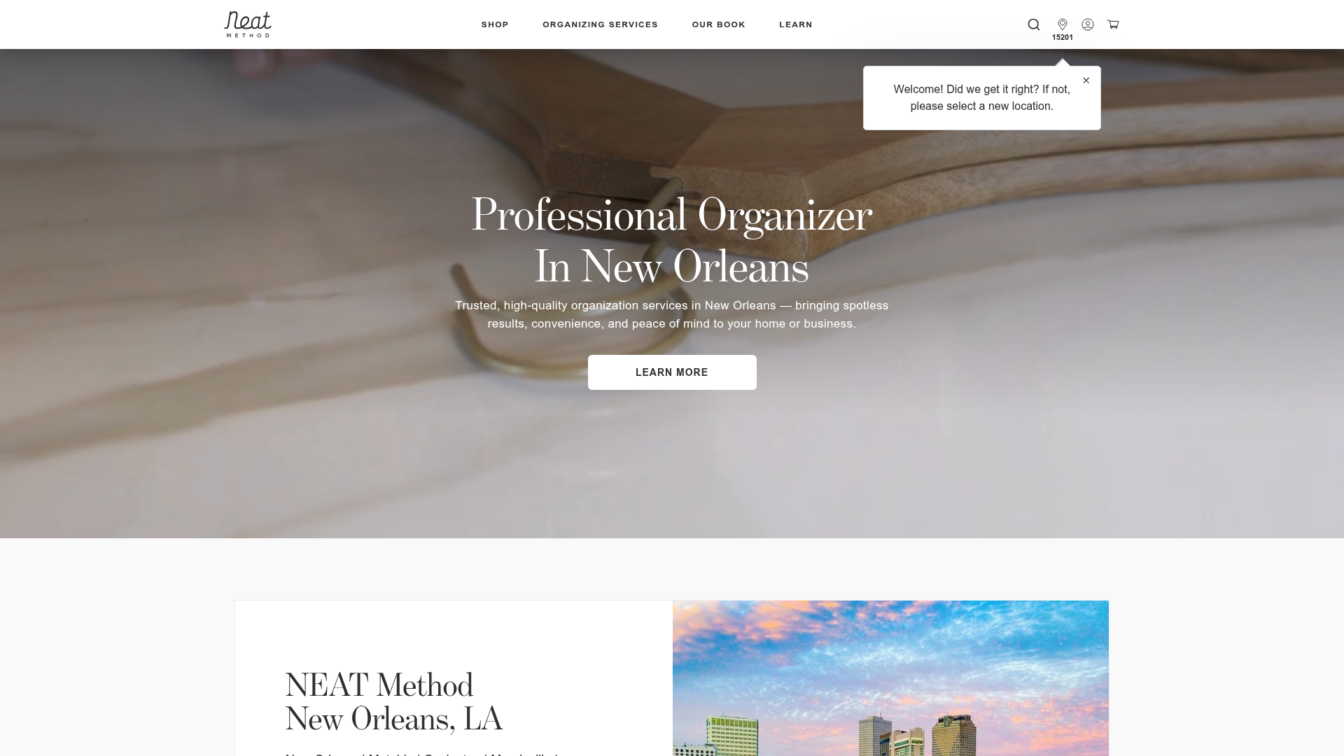 NEAT Method New Orleans website page headed 'Professional Organizer In New Orleans'
