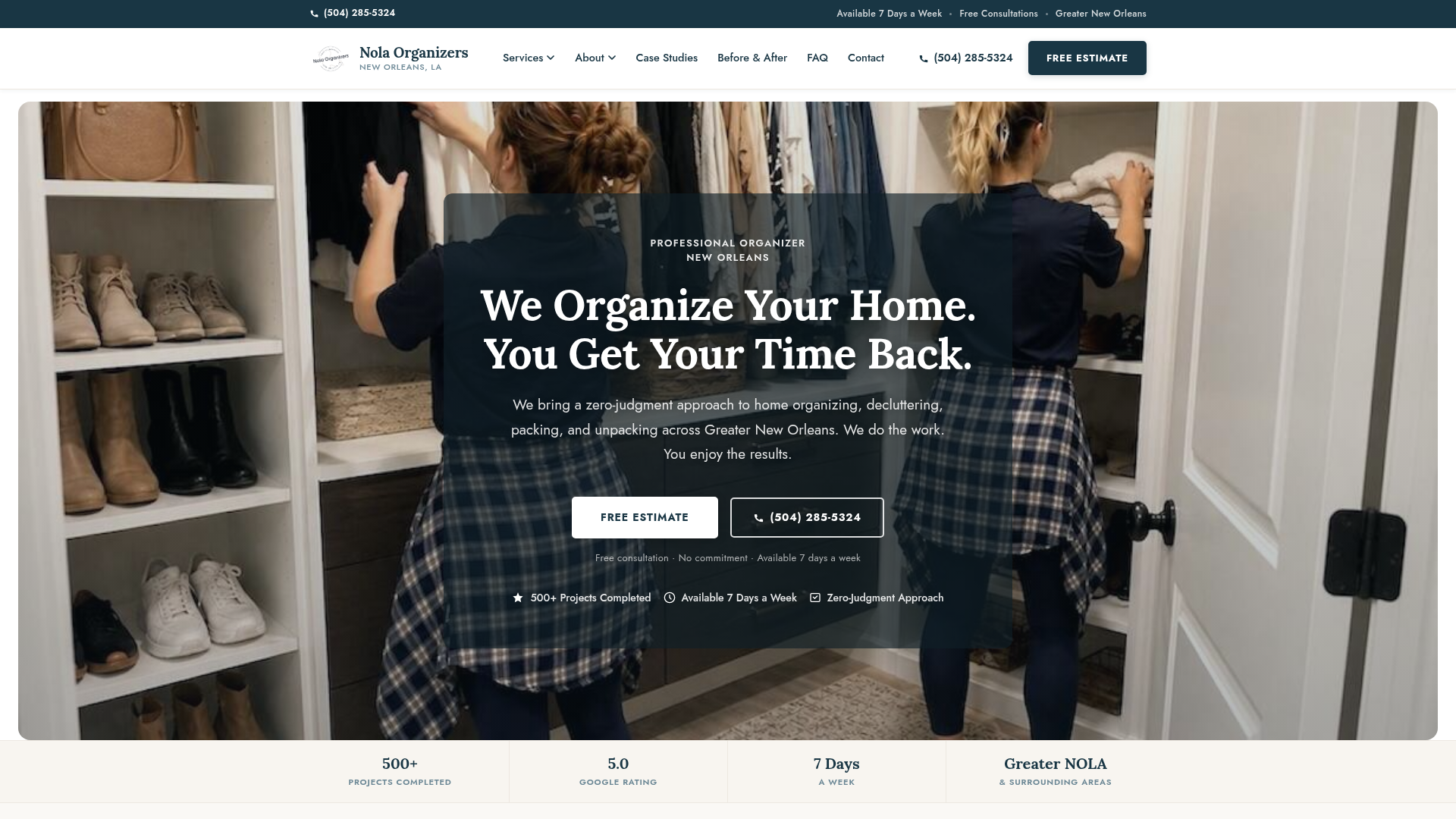 Nola Organizers website homepage with the headline 'We Organize Your Home. You Get Your Time Back.'