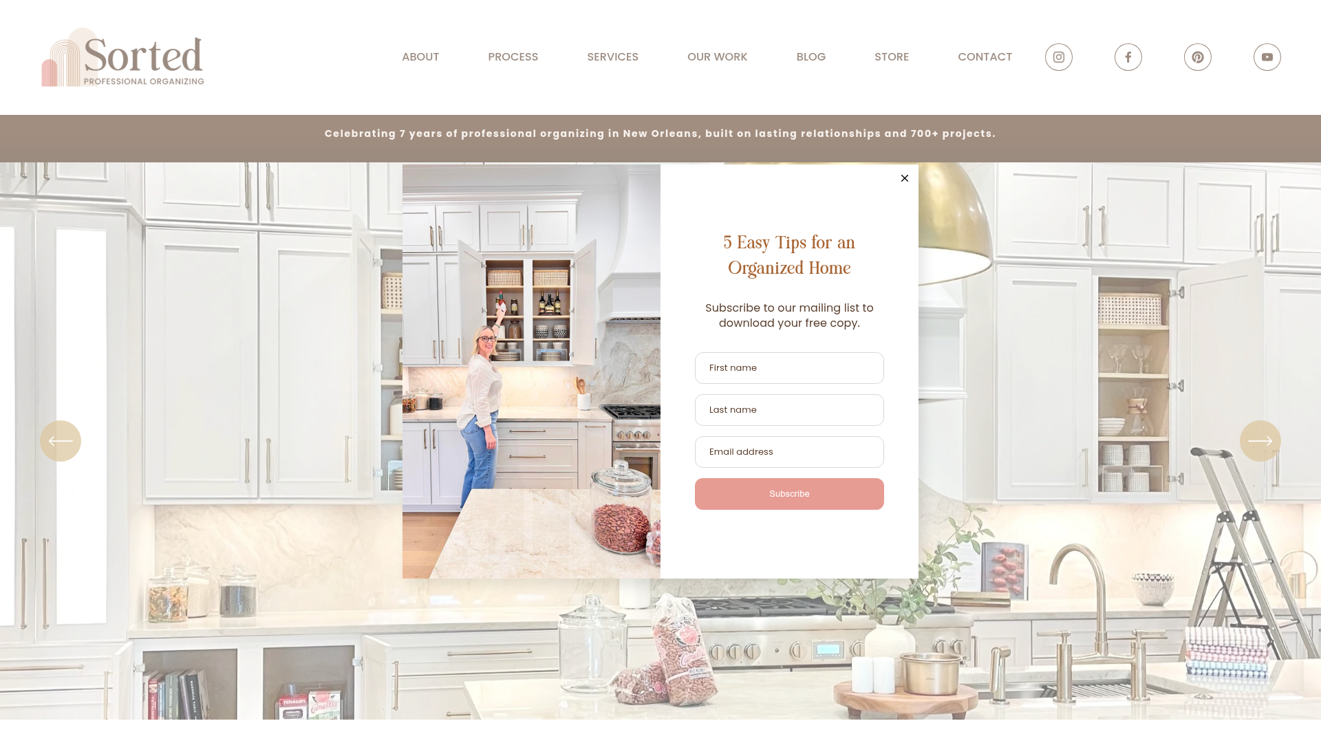 Sorted Professional Organizing website homepage over a bright organized New Orleans kitchen