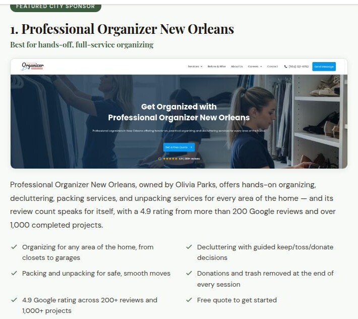 Professional Organizer New Orleans shown as the #1 Featured City Sponsor on the New Orleans city page
