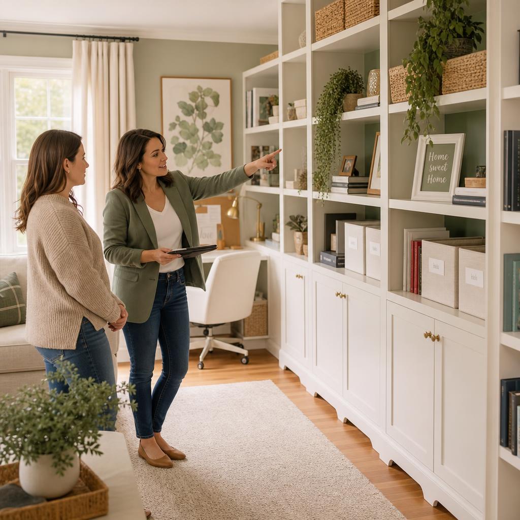 A professional organizer consulting with a homeowner in a beautifully organized living room